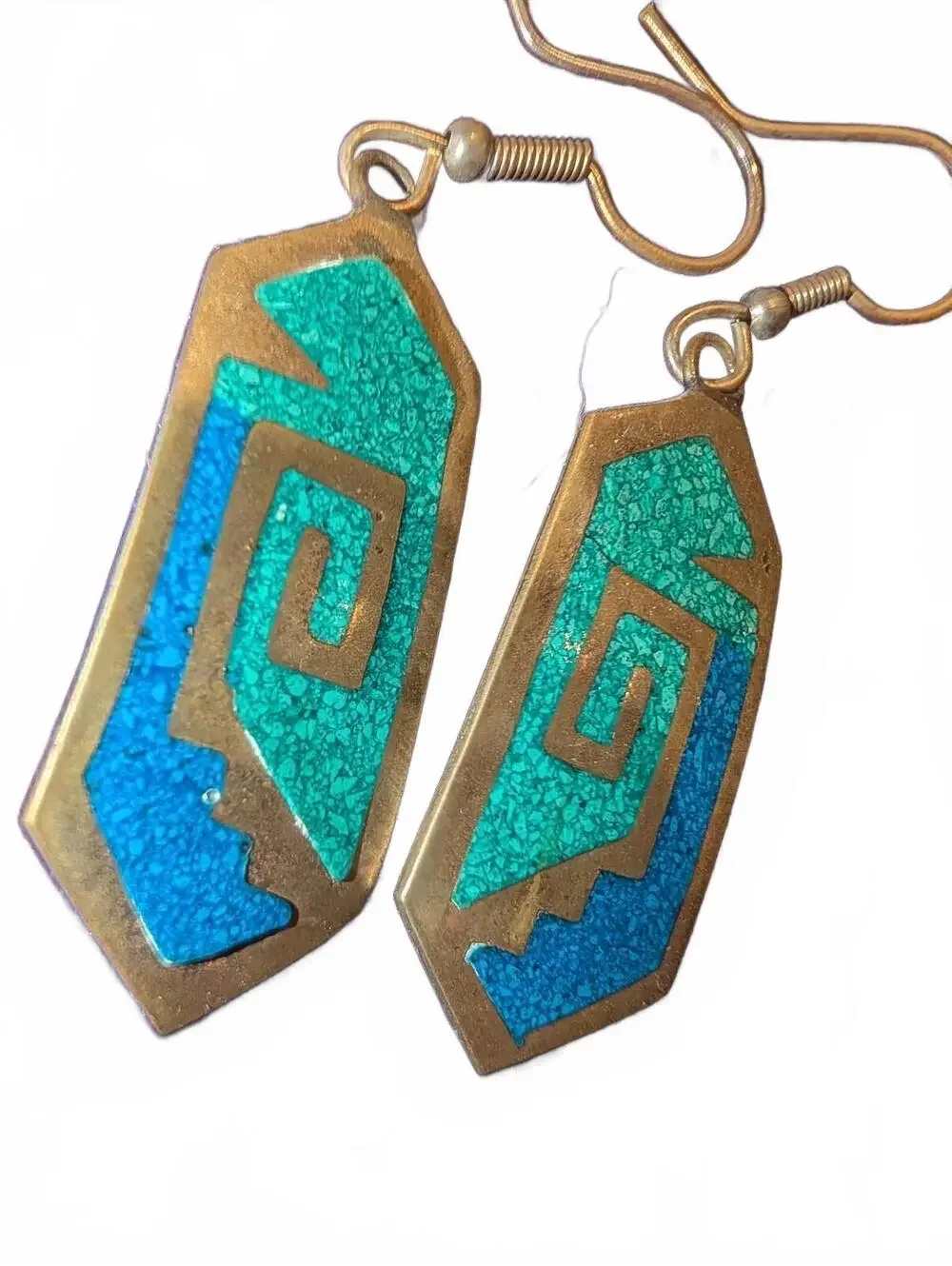 Vintage Alpaca Mexico Geometric Pattern Brass and Turquoise Blue Earrings
